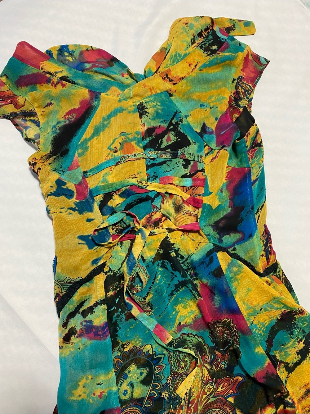 Retro style Abstract Yellow & Teal Maxi Dress with watercolor Print - Picture 2 of 6